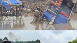 Dua Rakit Tambang Emas Ilegal di Sungai Batang Potai di Bakar Polsek Kampar Kiri Hilir 